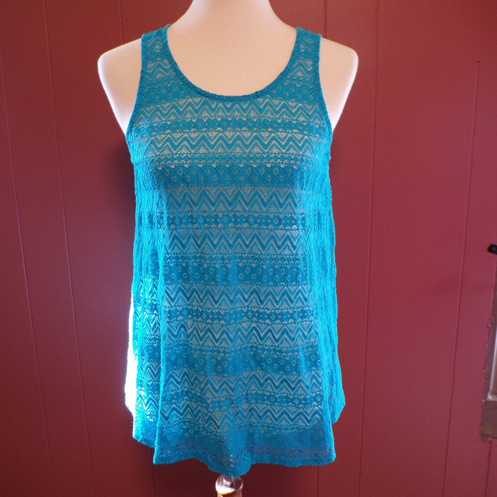 EVERLY Women's See Through Turquoise Lace Open Back Tank Top Size Med